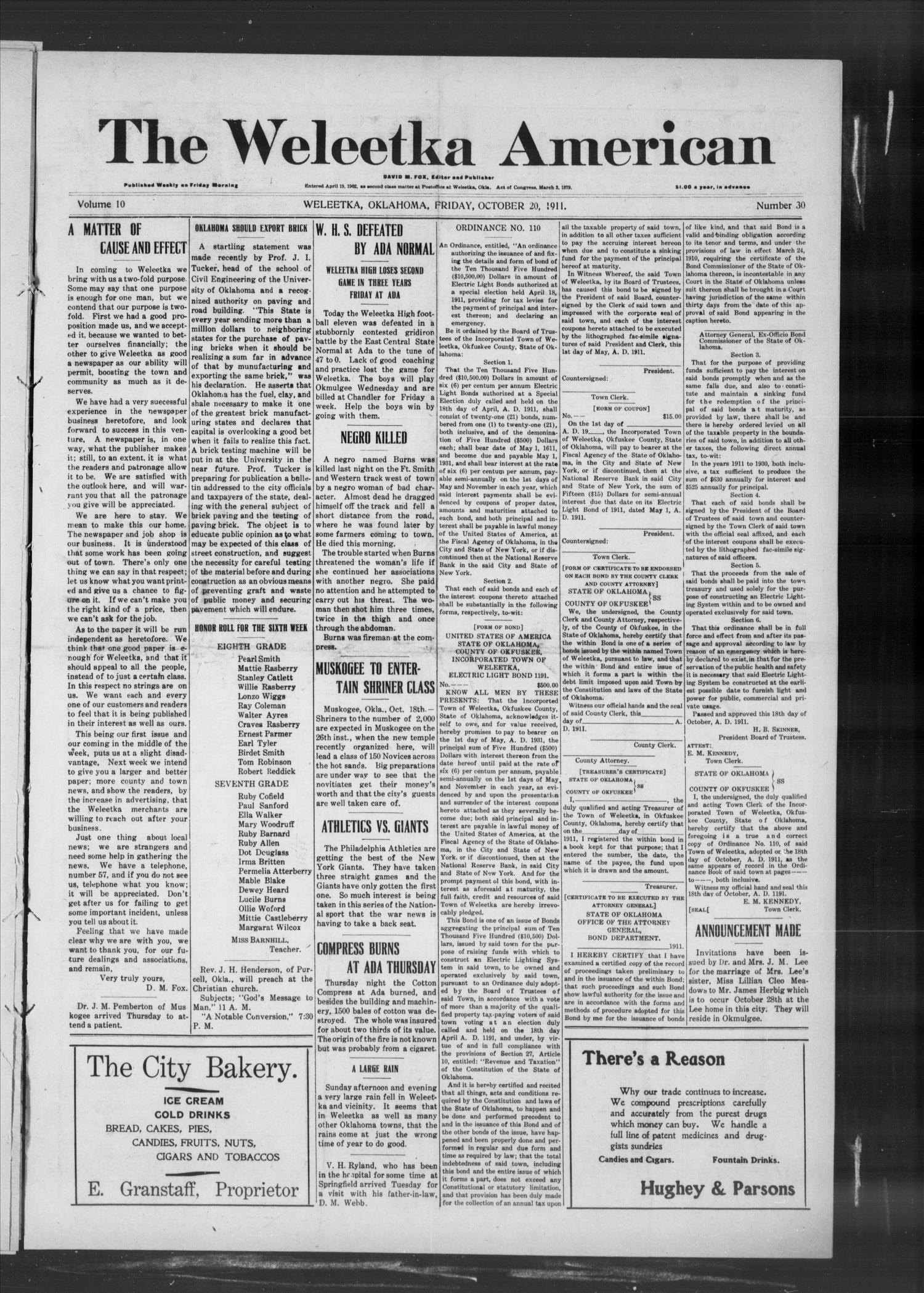 The Weleetka American (Weleetka, Okla.), Vol. 10, No. 30, Ed. 1 Friday