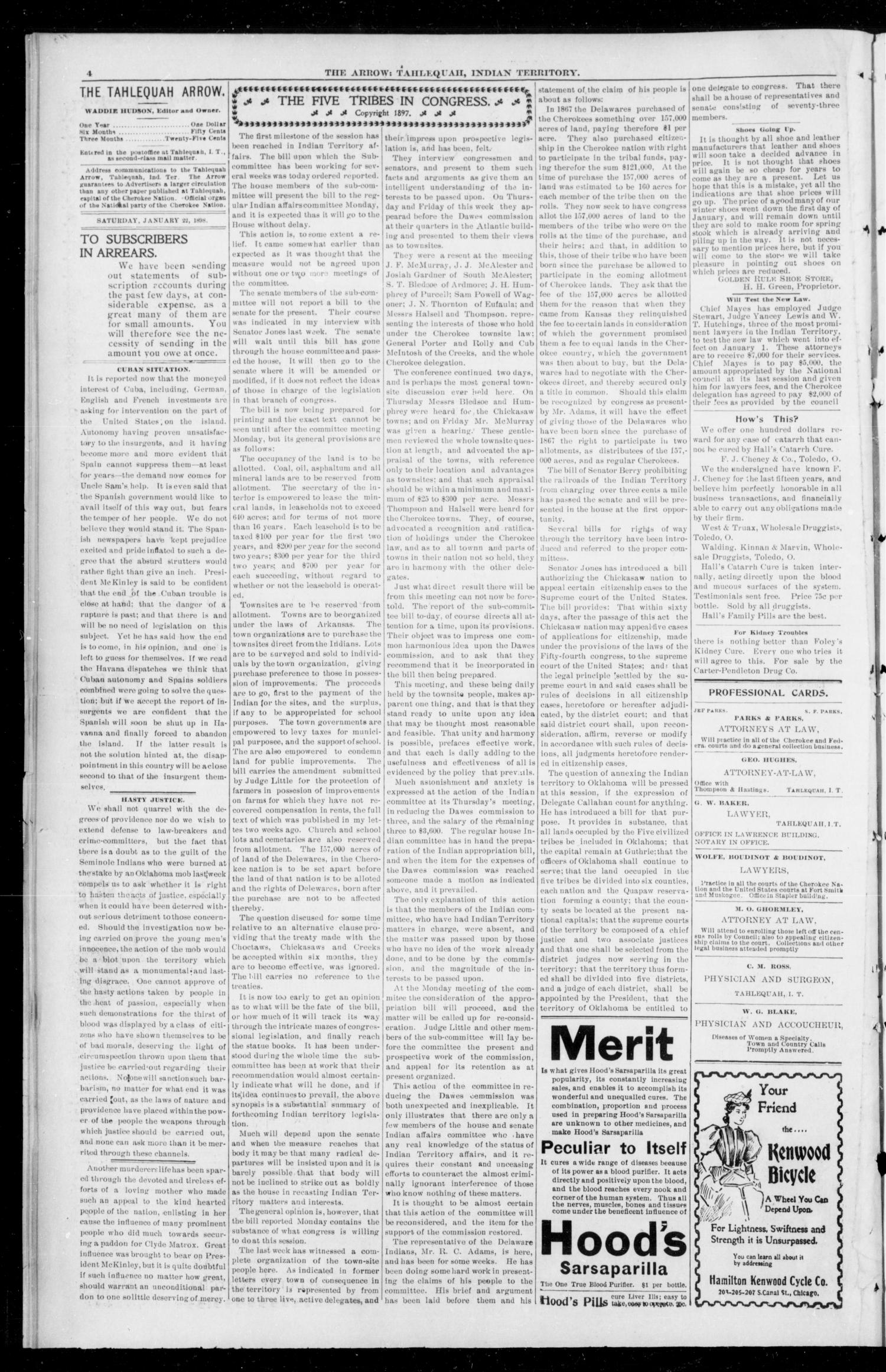 The Tahlequah Arrow. (Tahlequah, Indian Terr.), Vol. 11, No. 20, Ed. 1