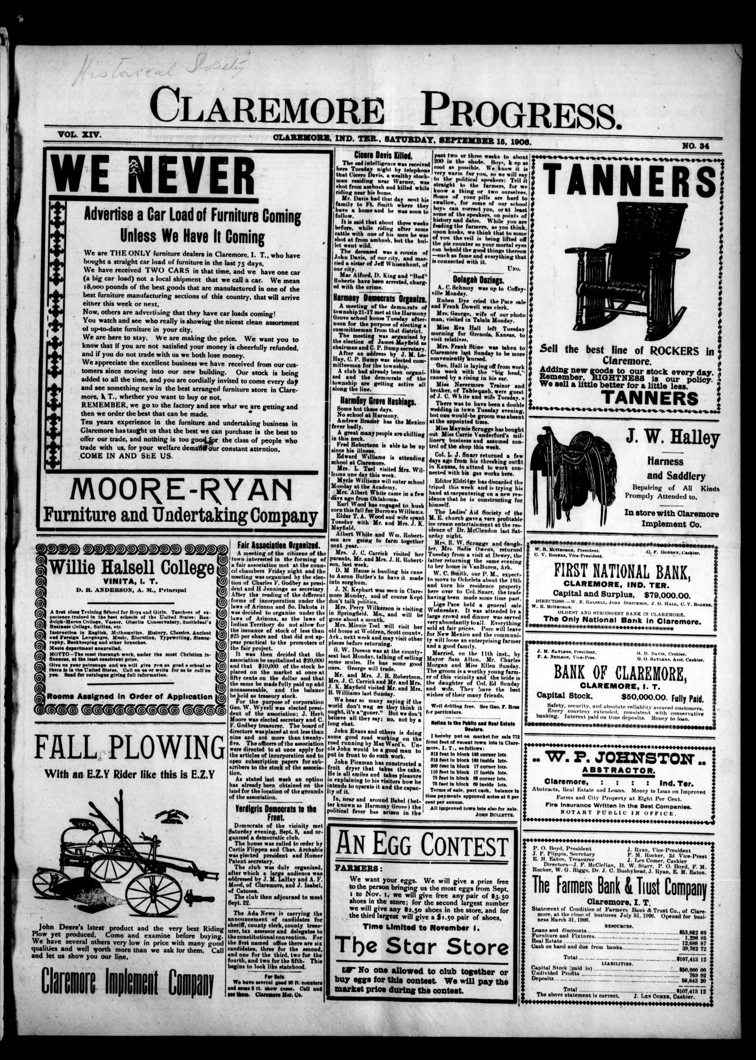 Claremore Progress. (Claremore, Indian Terr.), Vol. 14, No. 34, Ed. 1