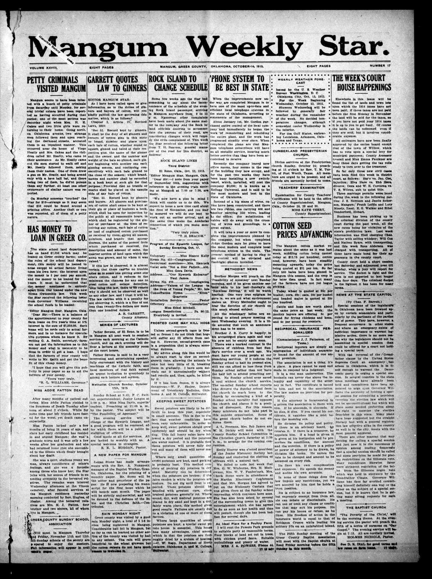 Mangum Weekly Star. (Mangum, Okla.), Vol. 28, No. 17, Ed. 1 Thursday, October 14, 1915 The