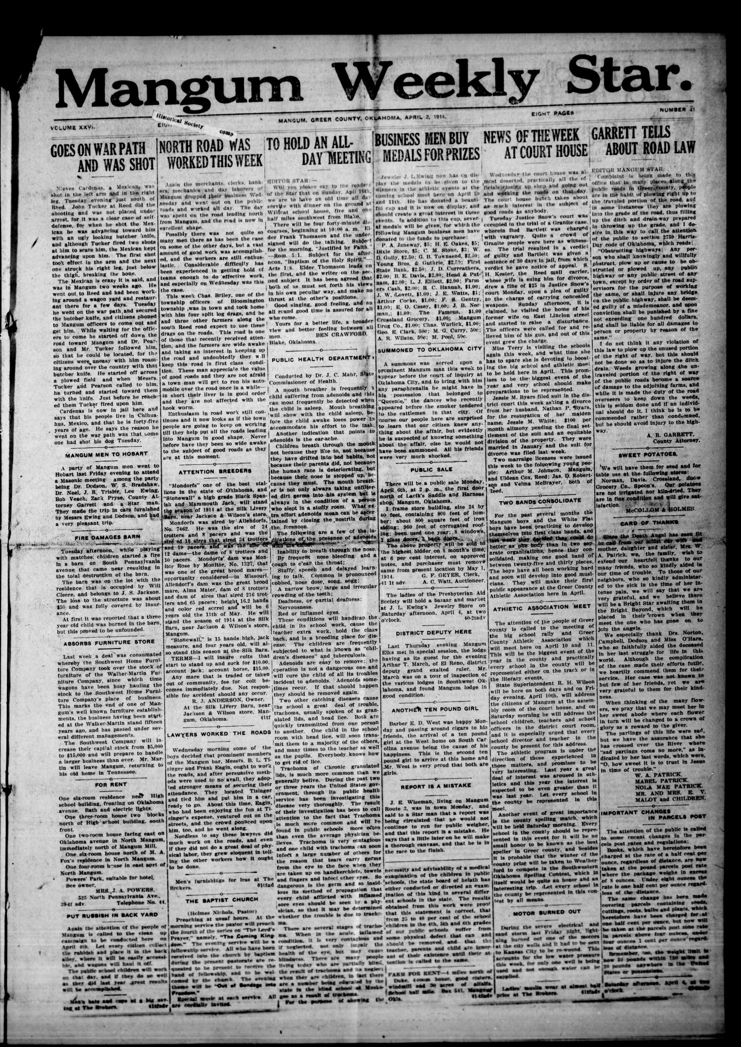 Mangum Weekly Star. (Mangum, Okla.), Vol. 26, No. 41, Ed. 1 Thursday, April 2, 1914 The