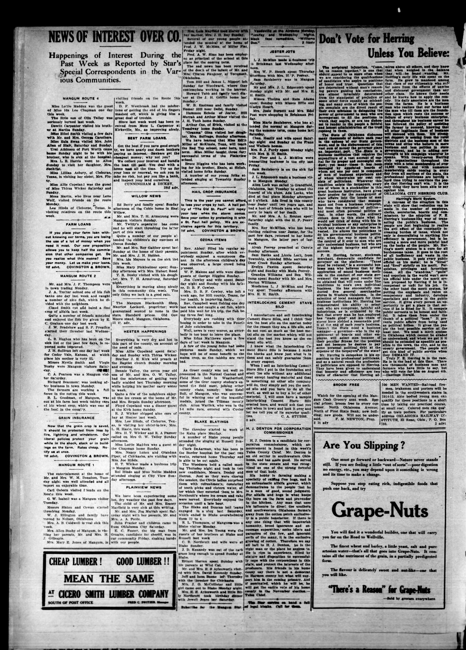 Mangum Weekly Star. (Mangum, Okla.), Vol. 27, No. 2, Ed. 1 Thursday, July 2, 1914 Page 6 of 8