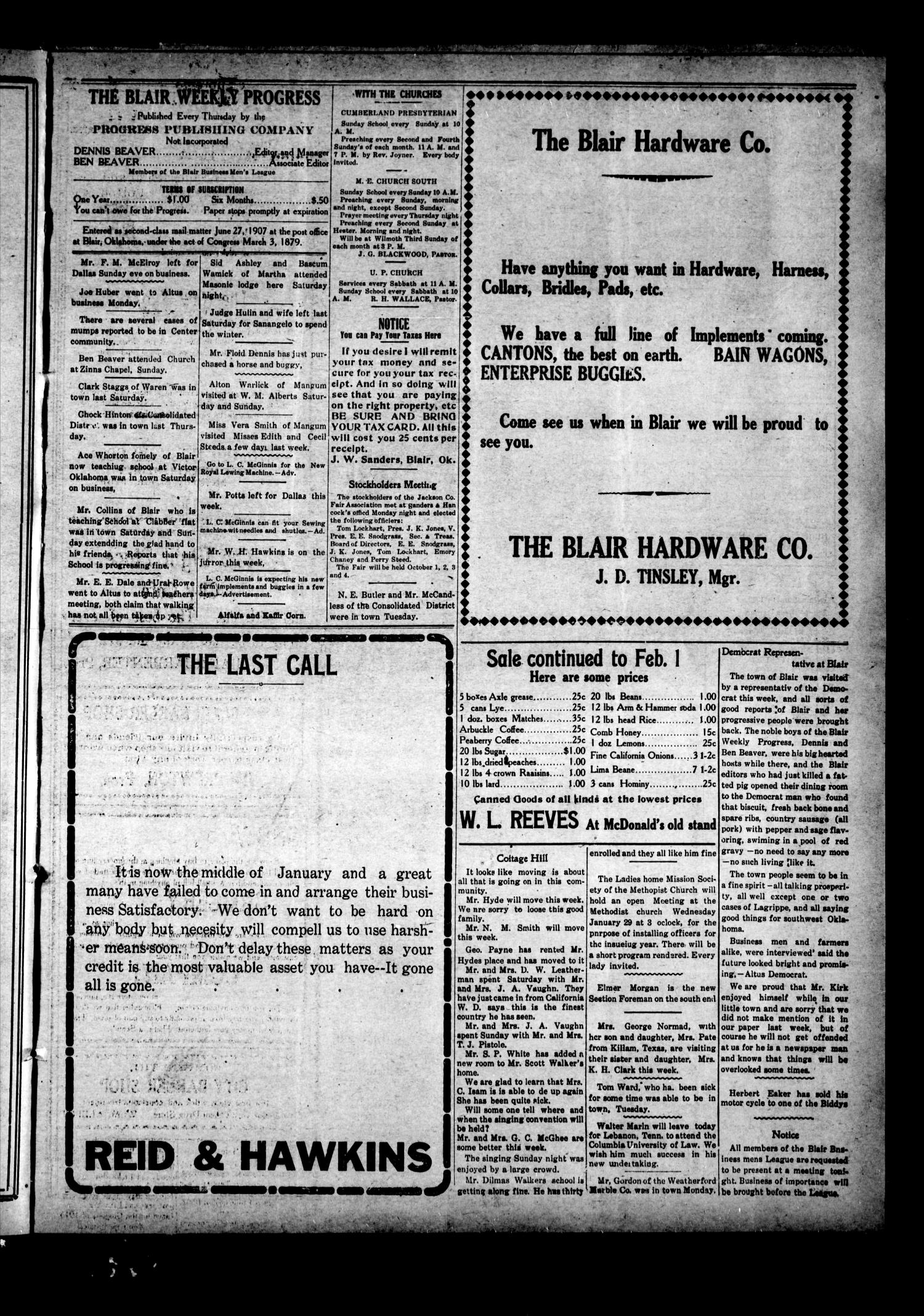 The Blair Weekly Progress (Blair, Okla.), Vol. 9, No. 34, Ed. 1