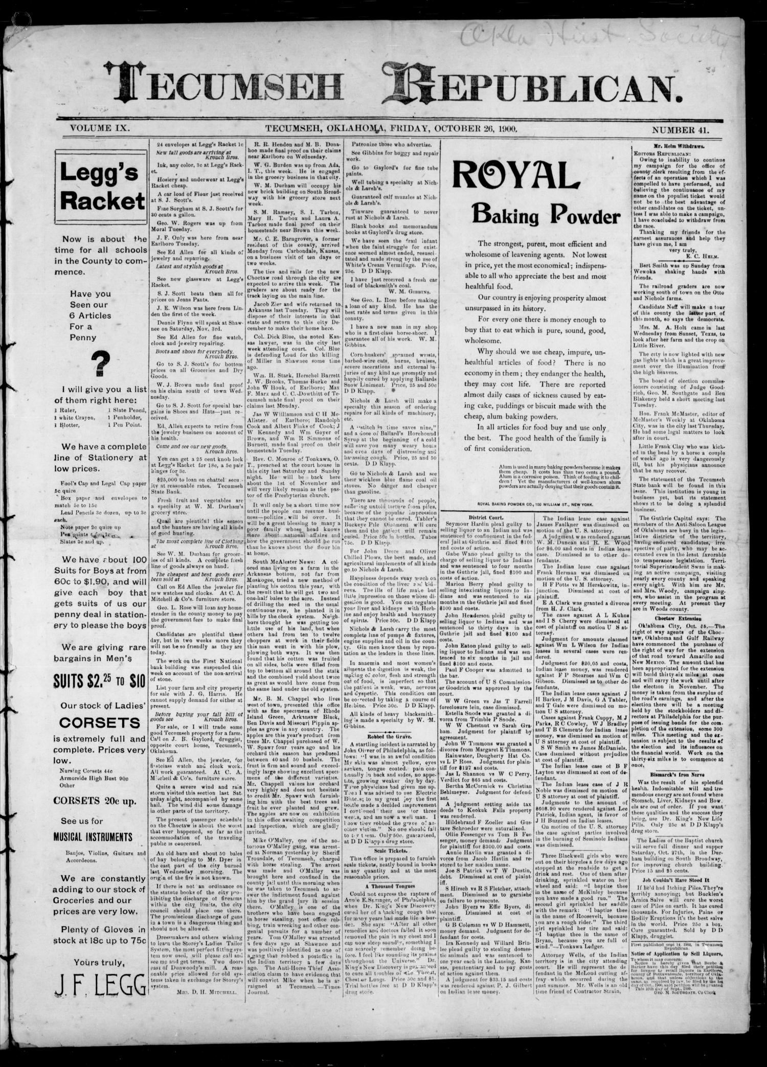 Tecumseh Republican. (Tecumseh, Okla.), Vol. 9, No. 41, Ed. 1 Friday, October 26, 1900 The