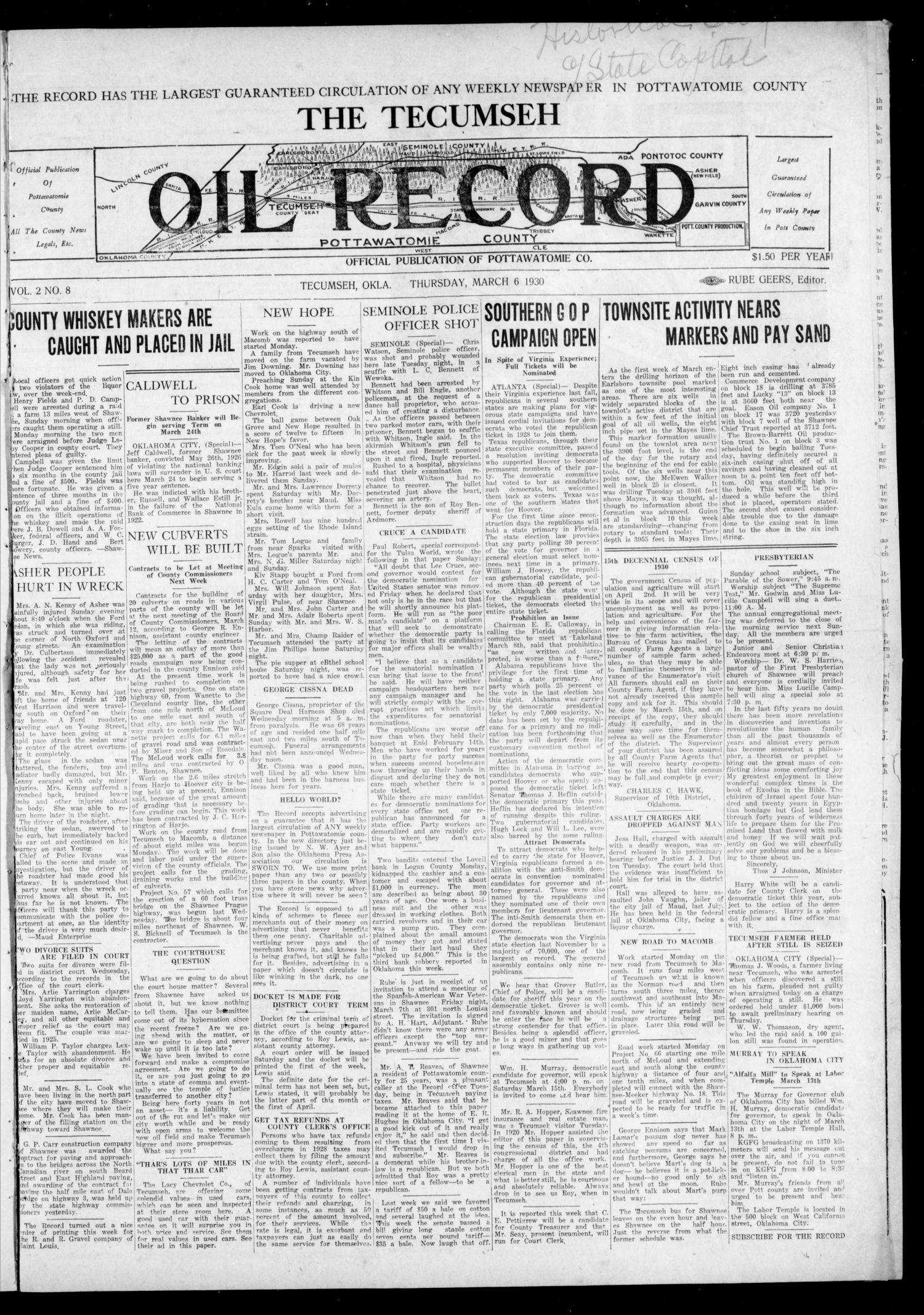 The Tecumseh Oil Record (Tecumseh, Okla.), Vol. 2, No. 8, Ed. 1