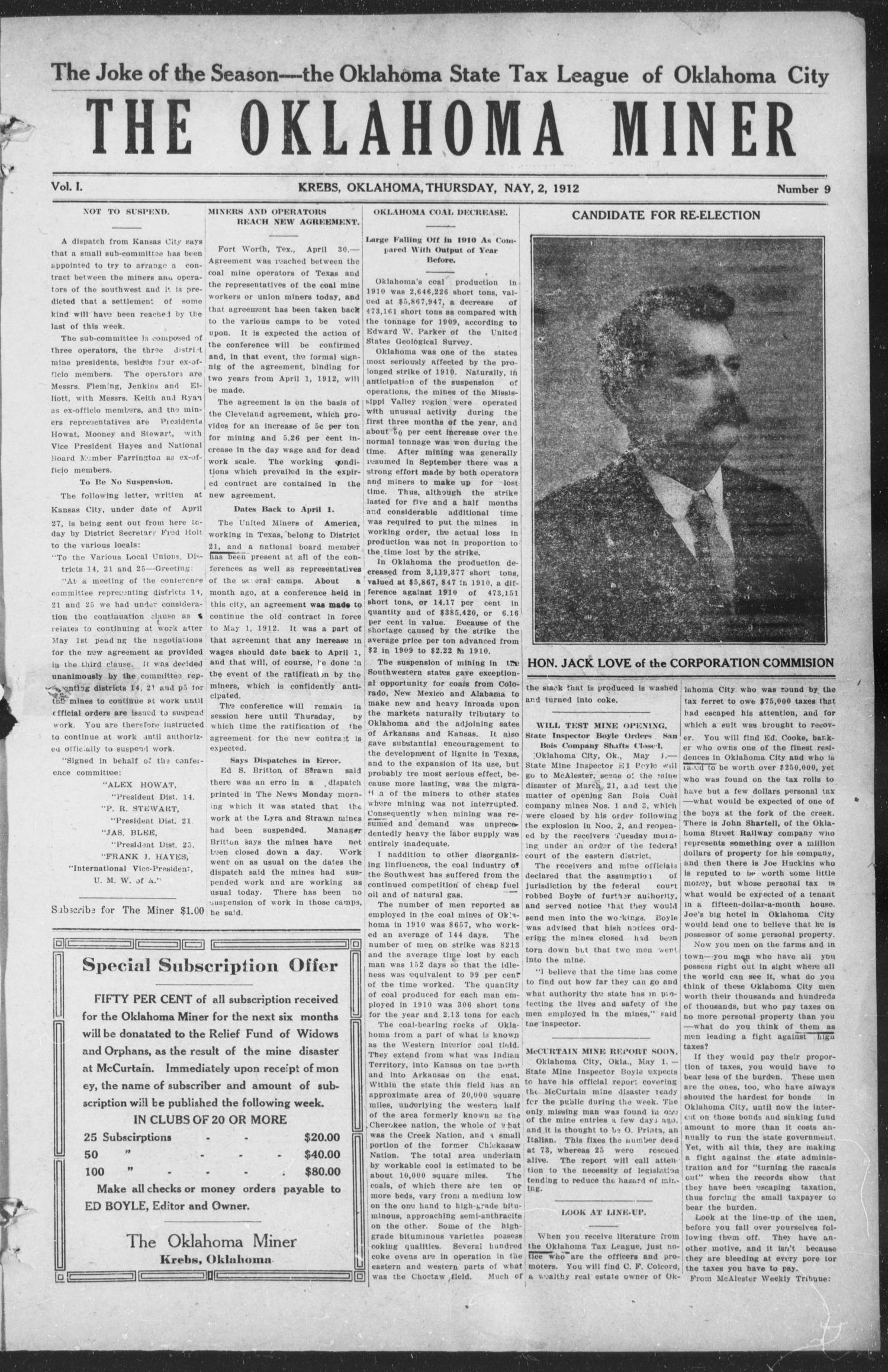 The Oklahoma Miner (Krebs, Okla.), Vol. 1, No. 9, Ed. 1, Thursday, May
