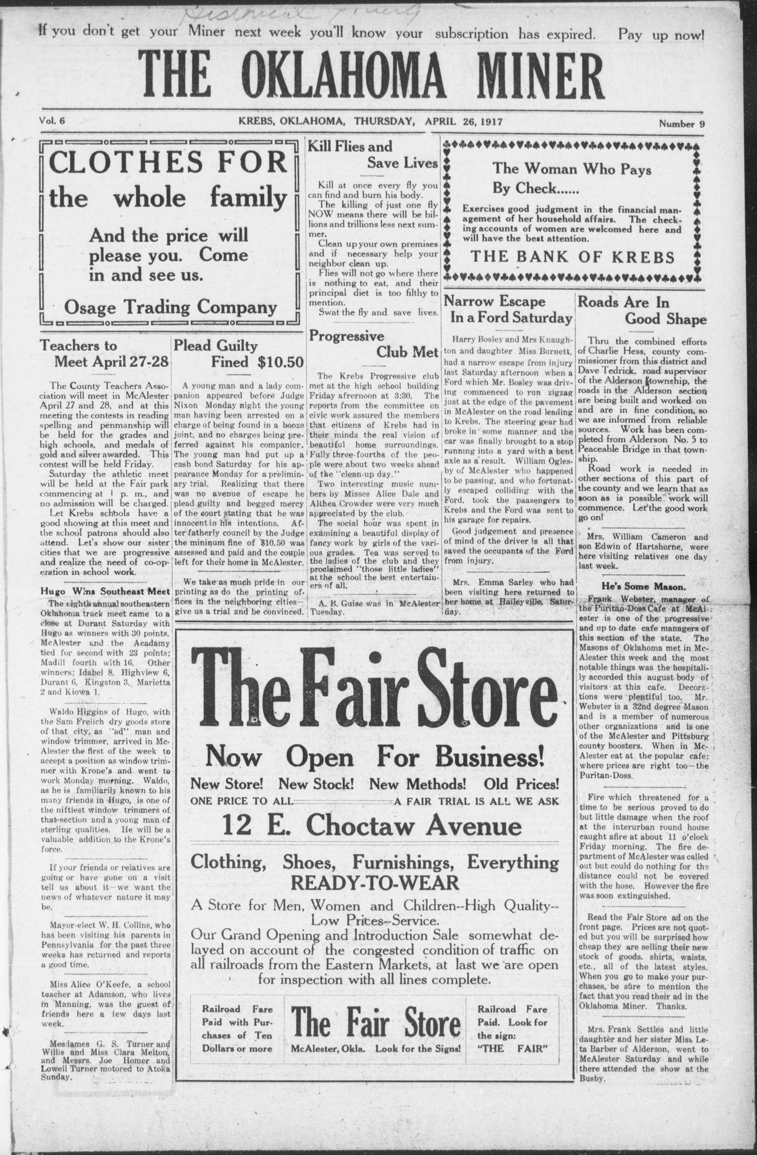 The Oklahoma Miner (Krebs, Okla.), Vol. 6, No. 9, Ed. 1, Thursday