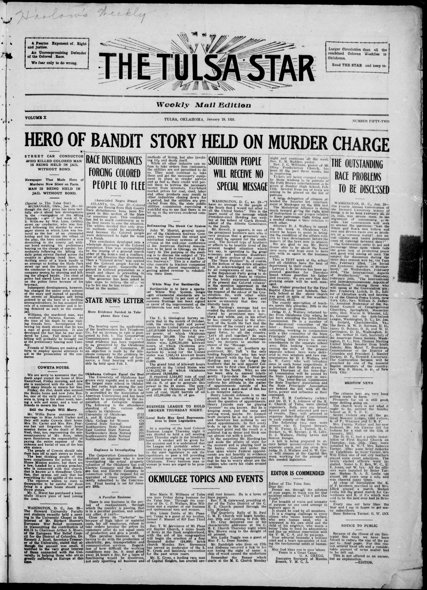 The Tulsa Star (Tulsa, Okla.), Vol. 10, No. 52, Ed. 1, Saturday
