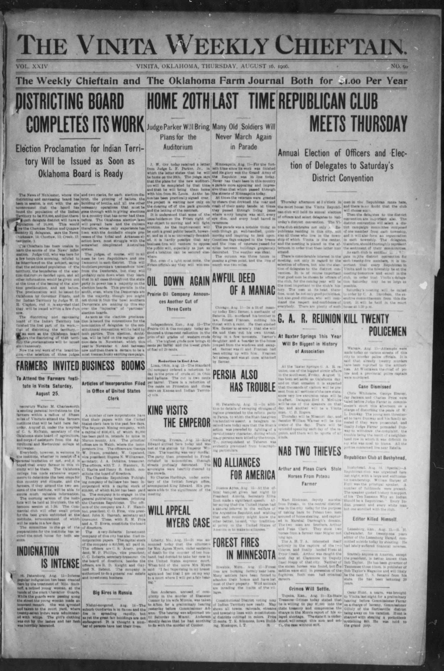 The Vinita Weekly Chieftain. (Vinita, Okla.), Vol. 24, No. 50, Ed. 1