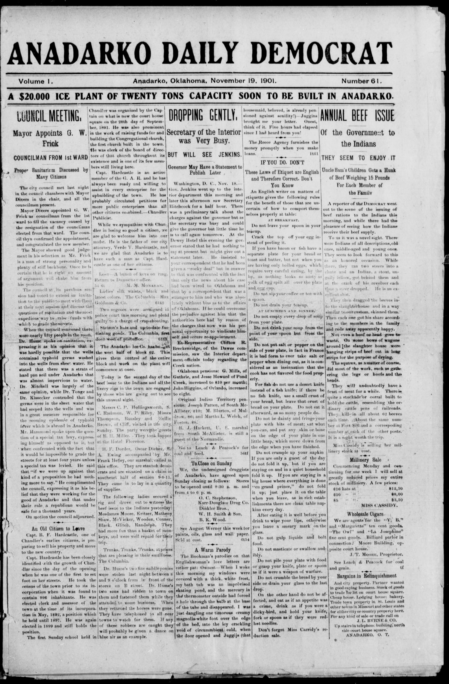 Anadarko Daily Democrat (Anadarko, Okla.), Vol. 1, No. 61, Ed. 1