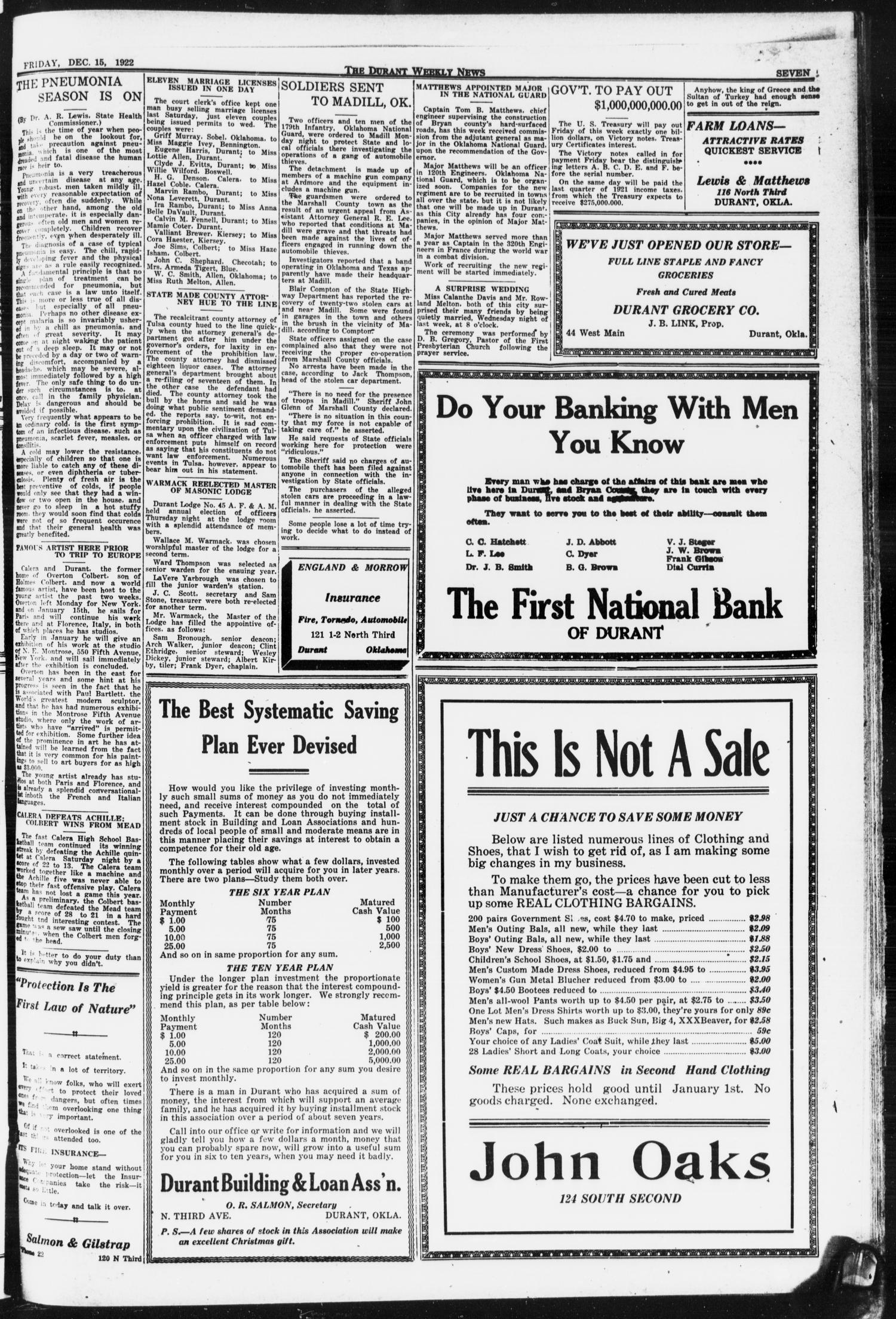 The Durant Weekly News (Durant, Okla.), Vol. 25, No. 50, Ed. 1, Friday