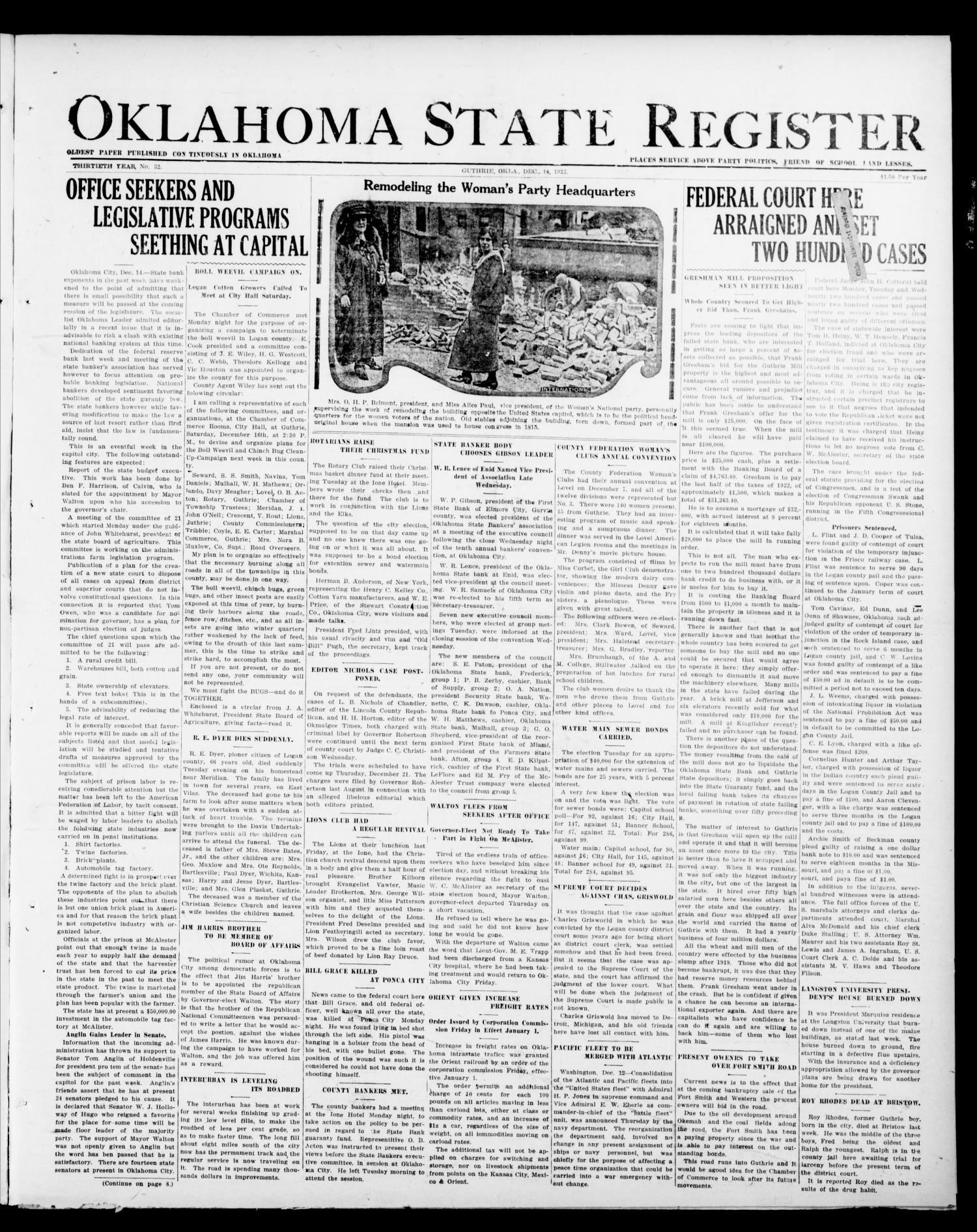 Oklahoma State Register (Guthrie, Okla.), Vol. 30, No. 32, Ed. 1