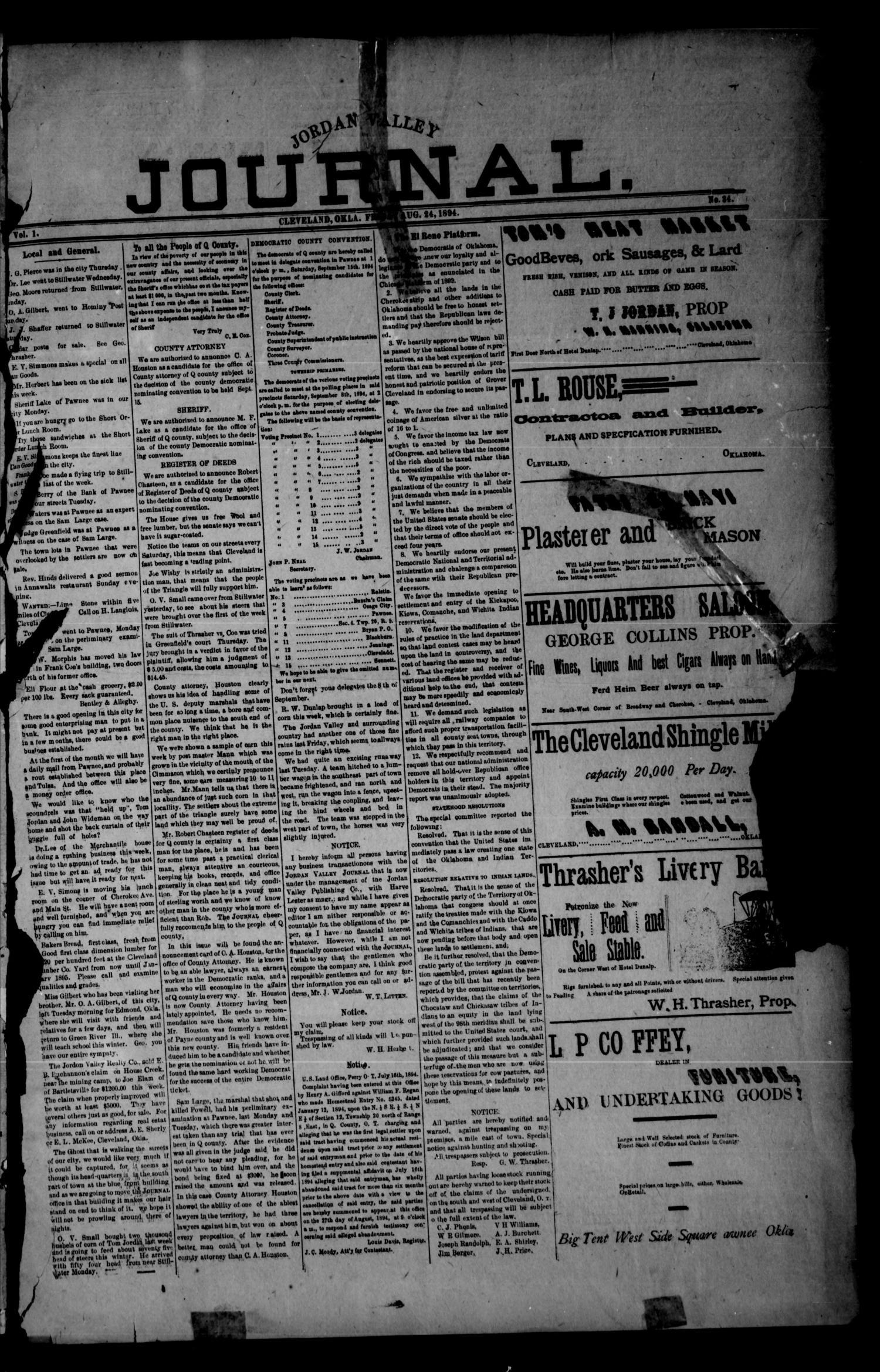 Jordan Valley Journal. (Cleveland, Okla.), Vol. 1, No. 34, Ed. 1 Friday