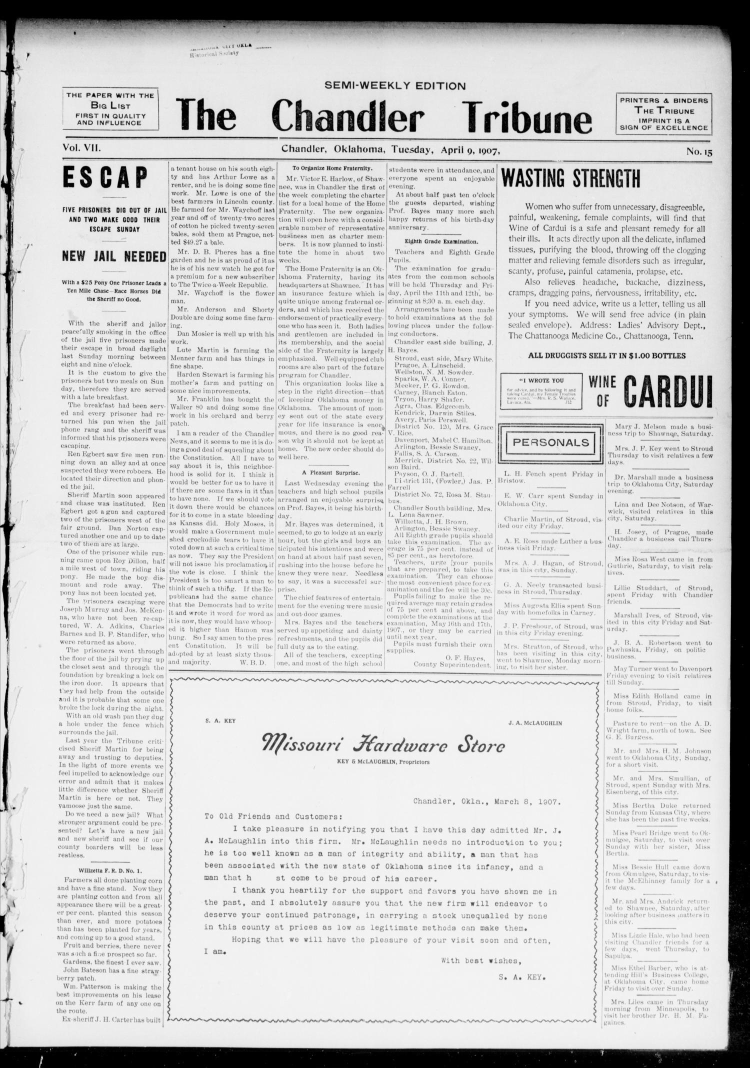The Chandler Tribune (Chandler, Okla.), Vol. 7, No. 15, Ed. 1 Tuesday