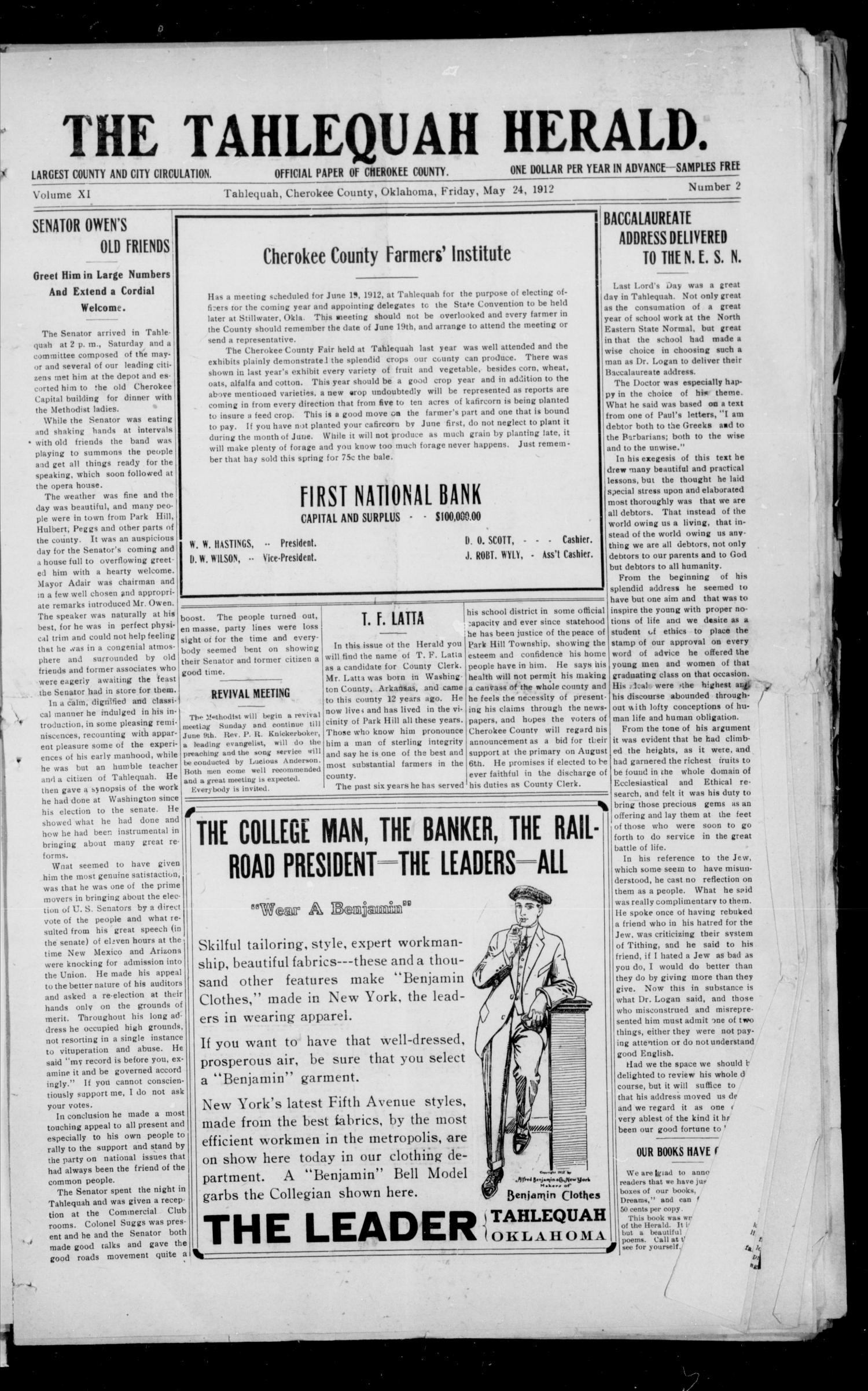 The Tahlequah Herald. (Tahlequah, Okla.), Vol. 10, No. 2, Ed. 1 Friday