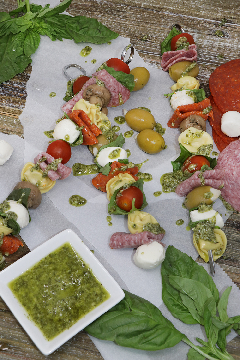 Antipasto Skewers with Pesto Dipping Sauce Gather Lemons
