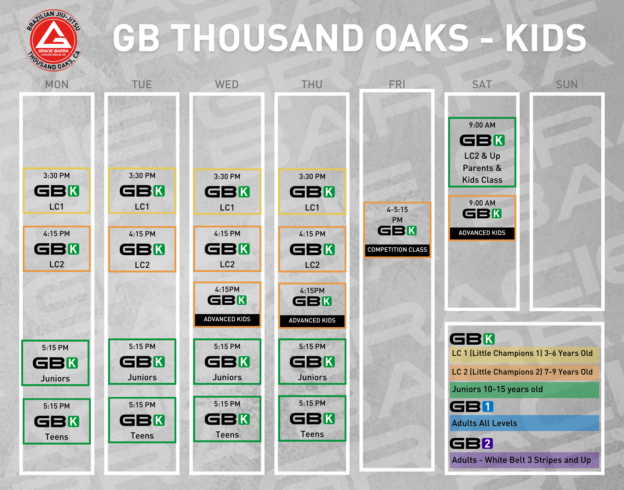 Training schedule at Gracie Barra Thousand Oaks