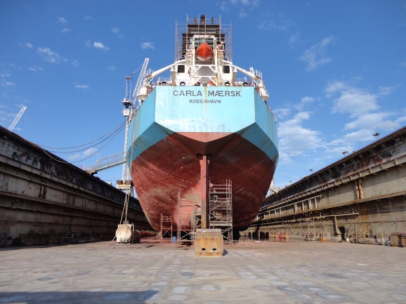 Ship Photo of the Day Holed Carla Maersk in Dry Dock