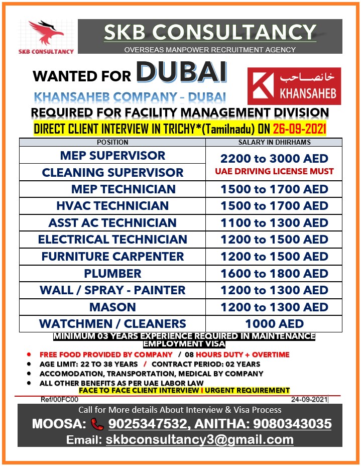 Khansaheb walk in interview Dubai job vacancy