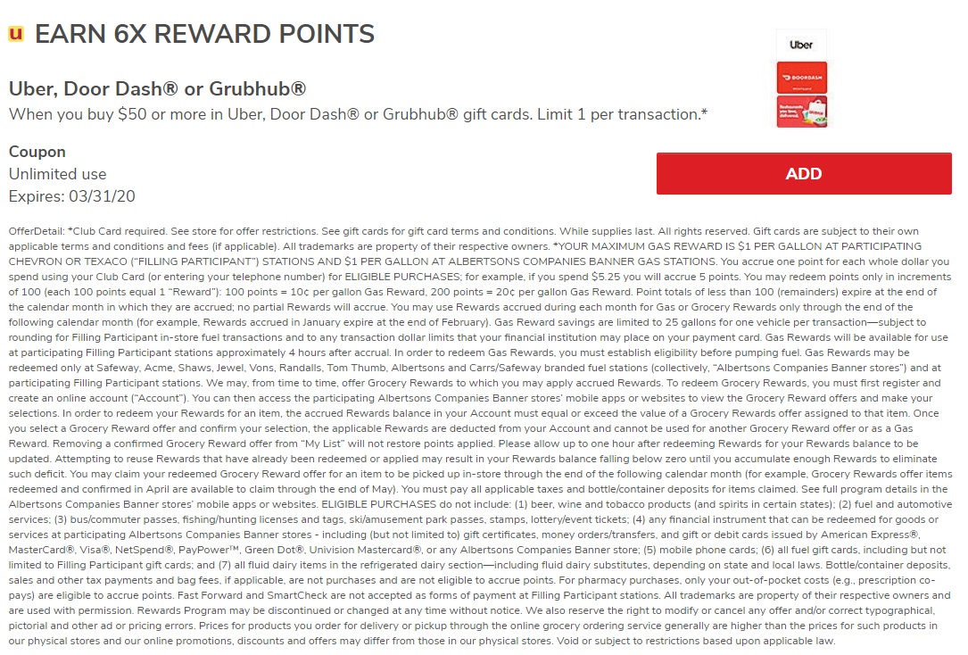 (EXPIRED) Safeway/Albertsons Earn 6x Reward Points On 50+ Uber, DoorDash & Grubhub Gift Cards
