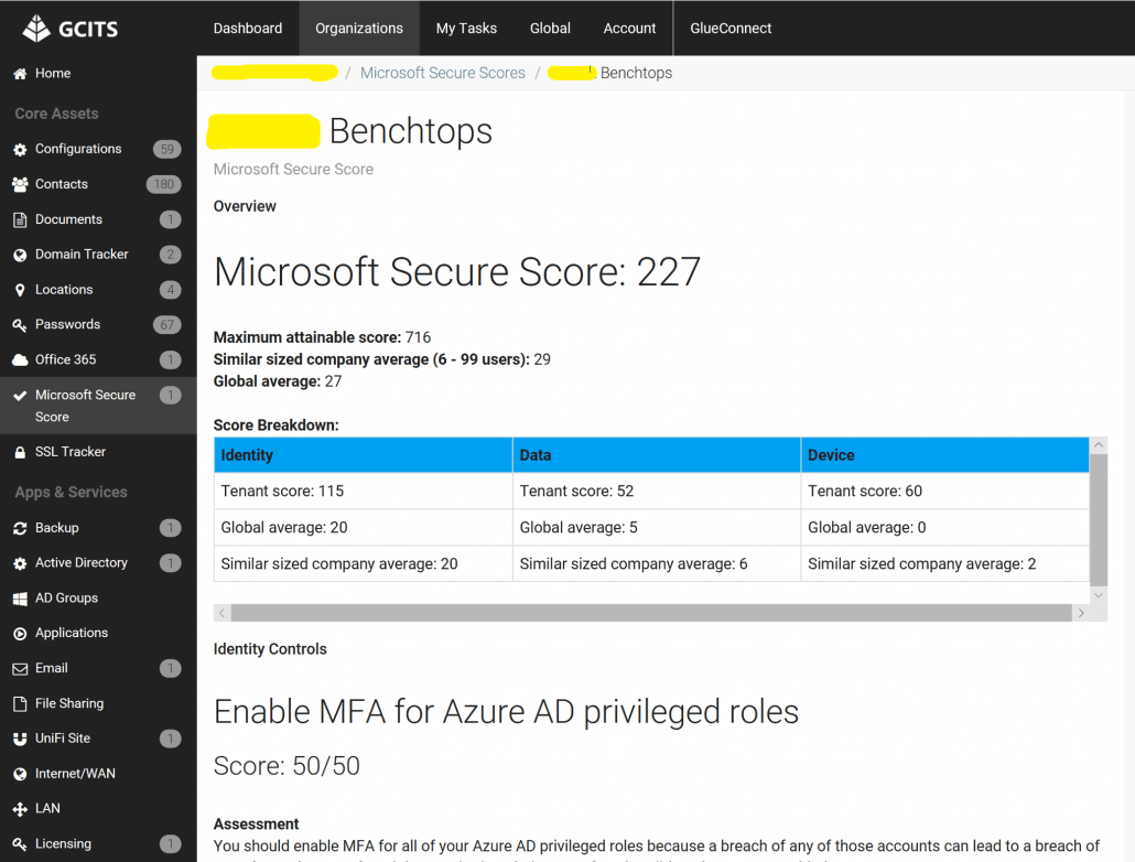 Microsoft Secure Score Overview in IT GLue