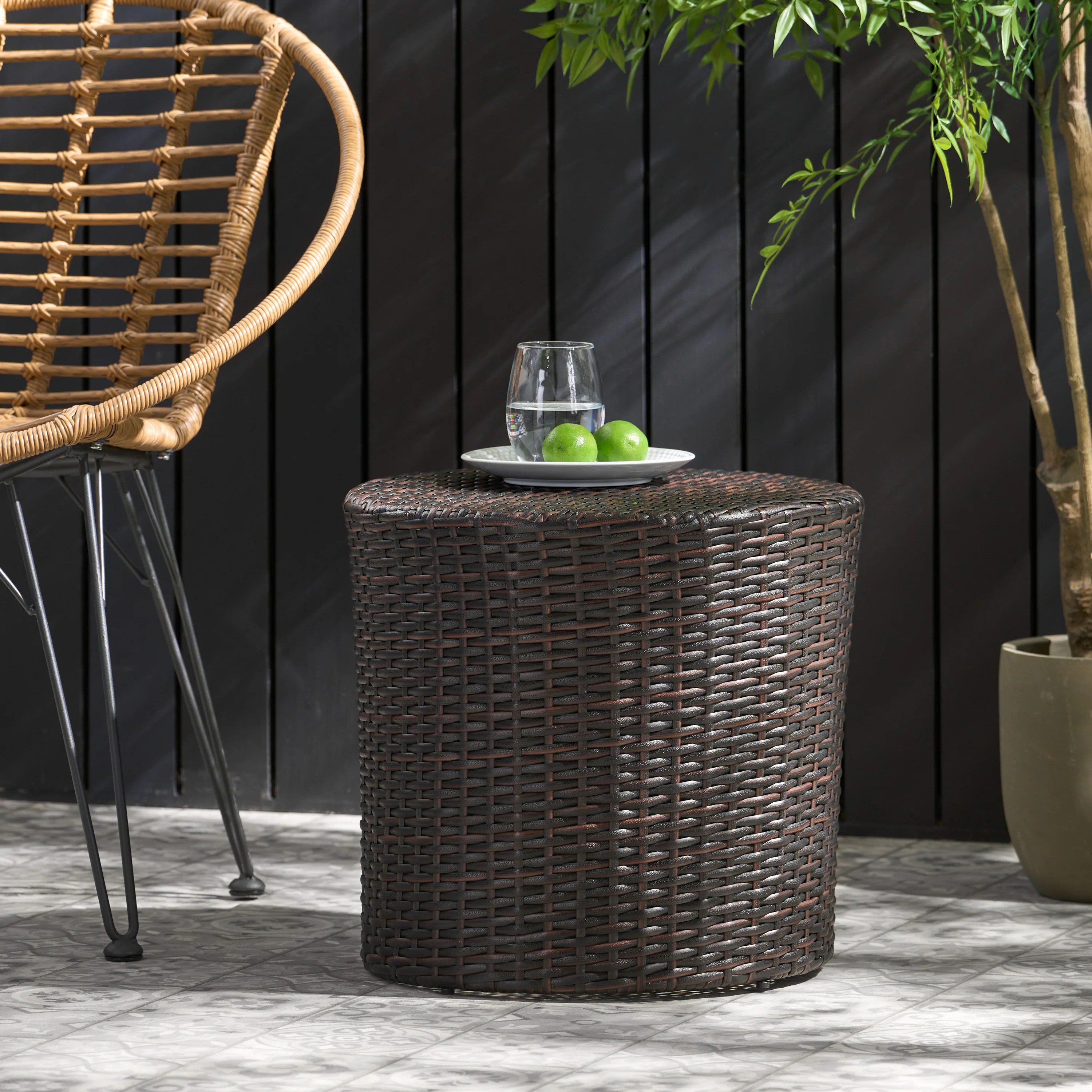 Overton Outdoor Wicker Barrel Side Table GDFStudio
