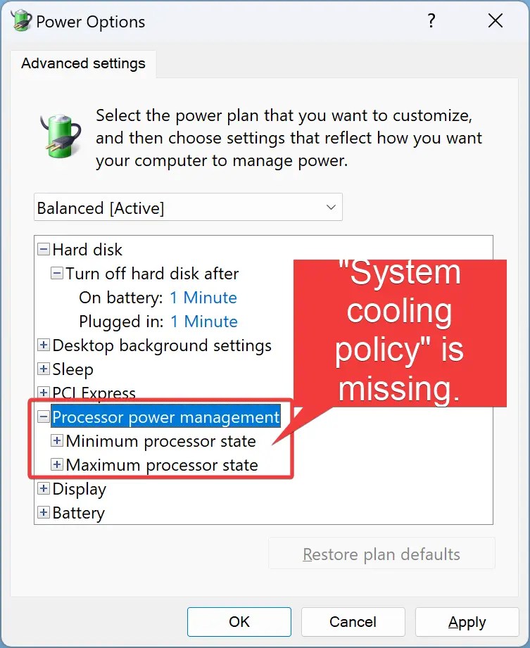 Fix "System cooling policy" Missing on Windows 11 or 10 Power Options