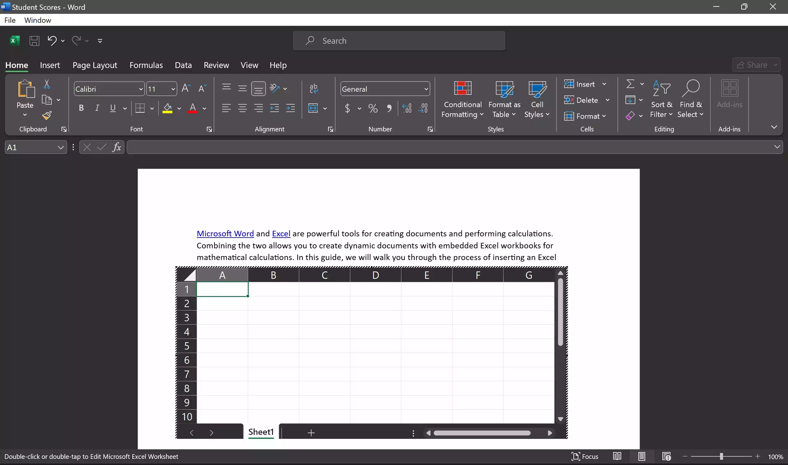 How to Insert an Excel Workbook into Word for Mathematical Calculations