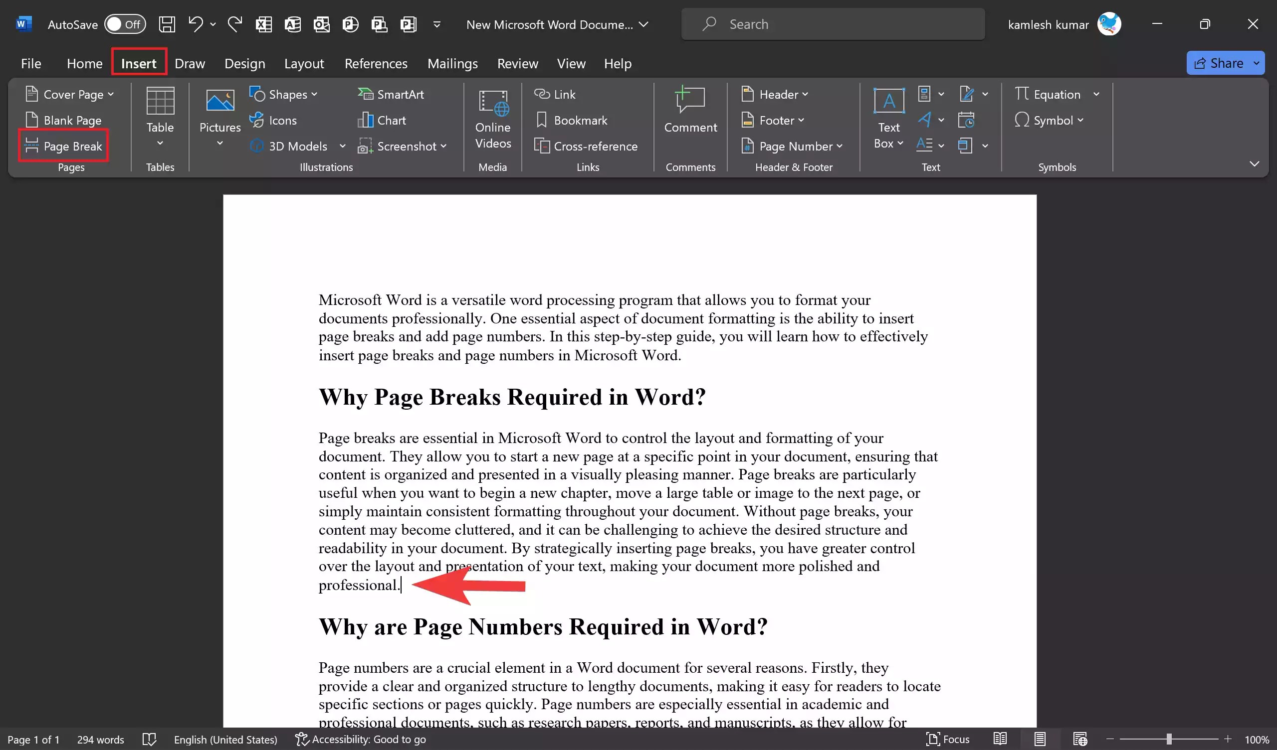 How to Insert Page Breaks and Add Page Numbers in Microsoft Word