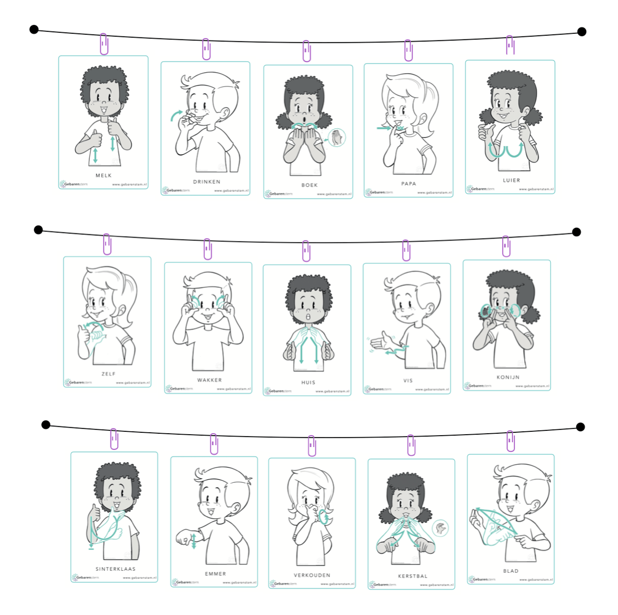 Gebarenstem KDV gebarenkaarten A5 Nederlandse Gebarentaal set 1, 2 en