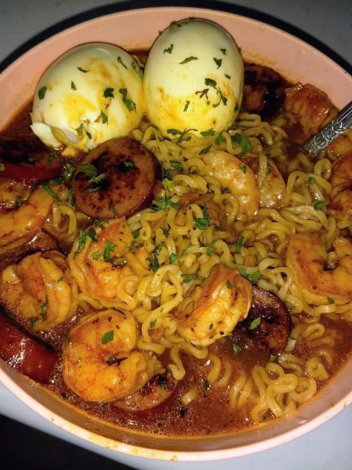 Spicy noodles with seared kielbasa, shrimp and soft boiled egg OLD