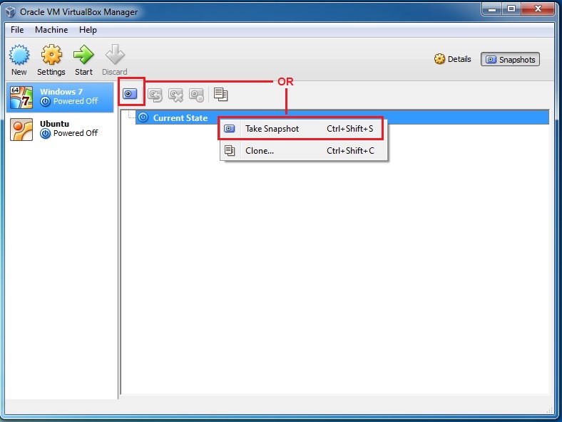 Take snapshot Oracle VirtualBox