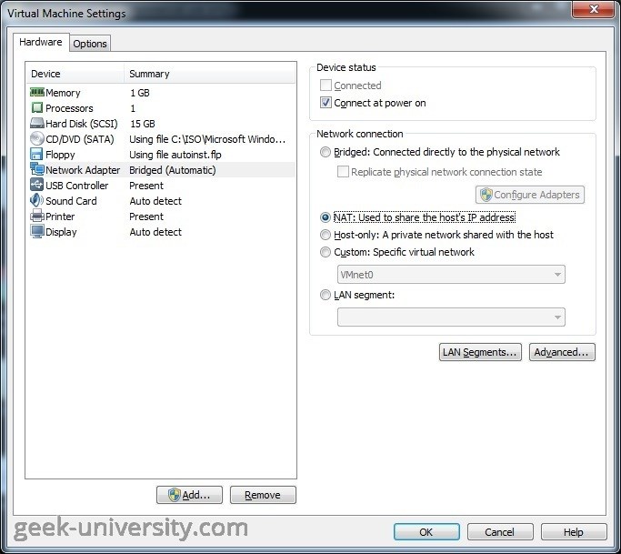 Configure NAT networking VMware Player