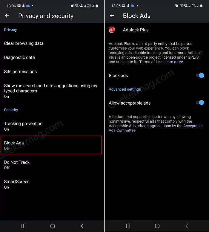 How to Block ads on page in Microsoft Edge for Android