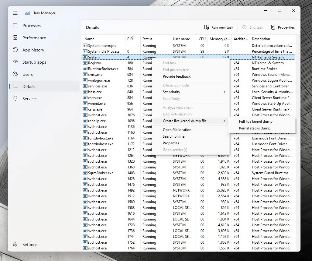 How to Create Live Kernel Dumps via Windows 11 Task Manager