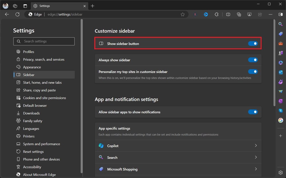 Microsoft Edge lets you hide Sidebar button from Toolbar