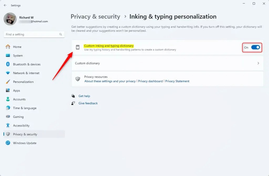 How to Turn On or Off the Personalized Dictionary for Inking and Typing