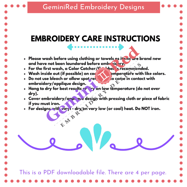 PRINTABLE Embroidery Care Instructions Cards {version 4} GeminiRed