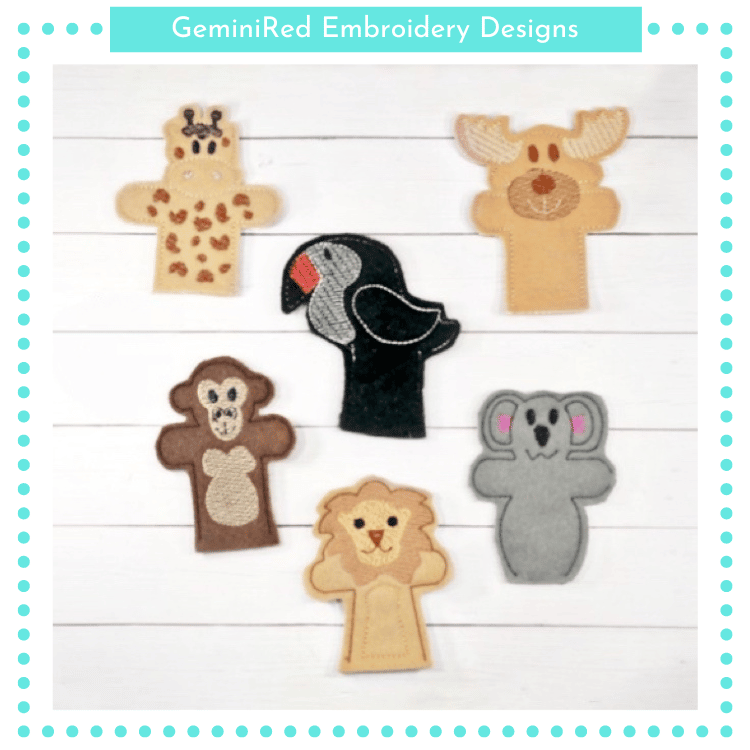 Animal Finger Puppet Set 2 {4x4} GeminiRed Embroidery Designs