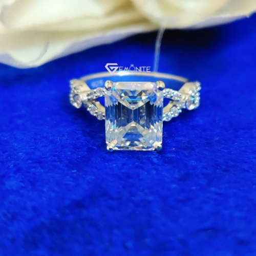 4.0 Ct Emerald Cut Solitaire with Accent Stone Moissanite Engagement Ring, Bridal Handmade Swirl Prong Set Ring 4.0 Ct Emerald Cut Solitaire with Accent Stone Moissanite Engagement Ring, Bridal Handmade Swirl Prong Set Ring