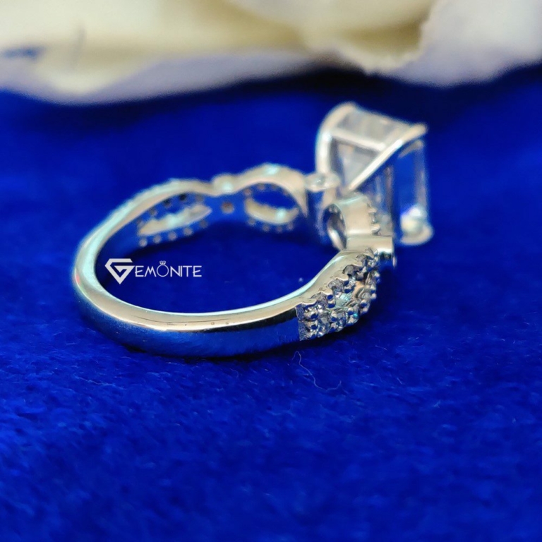 4.0 Ct Emerald Cut Solitaire with Accent Stone Moissanite Engagement Ring, Bridal Handmade Swirl Prong Set Ring