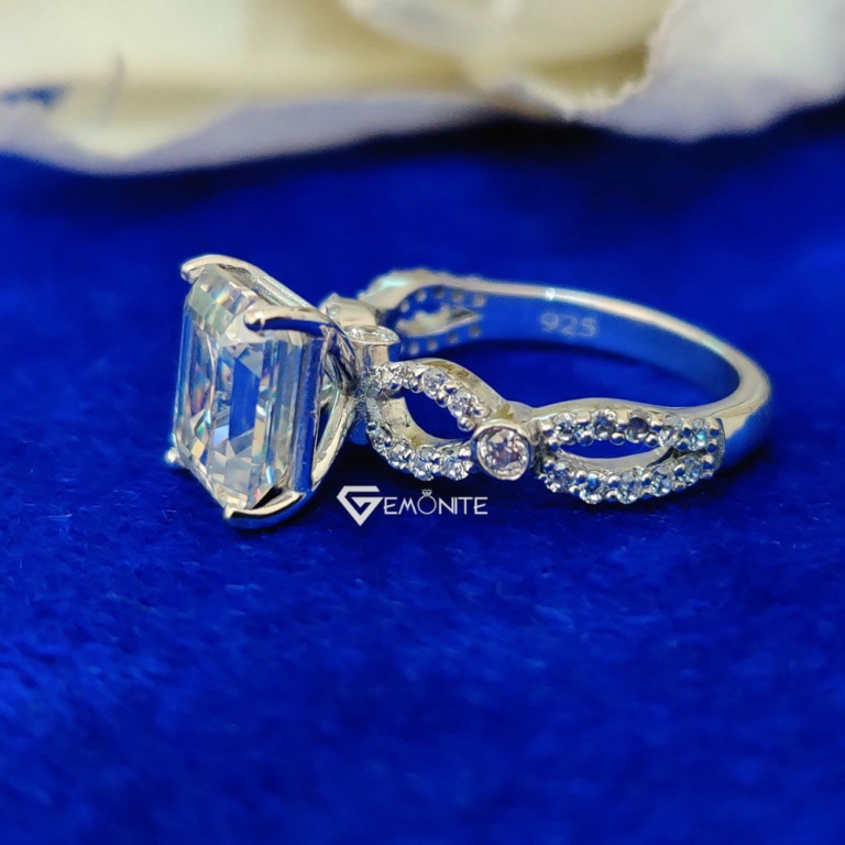 4.0 Ct Emerald Cut Solitaire with Accent Stone Moissanite Engagement Ring, Bridal Handmade Swirl Prong Set Ring