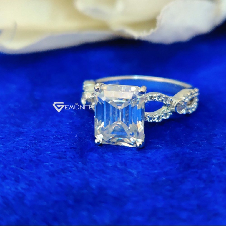 4.0 Ct Emerald Cut Solitaire with Accent Stone Moissanite Engagement Ring, Bridal Handmade Swirl Prong Set Ring