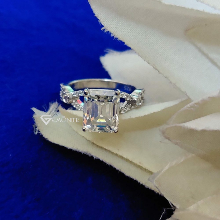 4.0 Ct Emerald Cut Solitaire with Accent Stone Moissanite Engagement Ring, Bridal Handmade Swirl Prong Set Ring