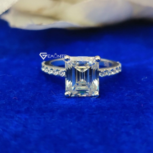 Emerald Cut Moissanite Ring, 4.0 Tcw Solitaire Engagement Ring, Wedding Ring, Pave Set Emerald Cut Moissanite Ring, 4.0 Tcw Solitaire Engagement Ring, Wedding Ring, Pave Set