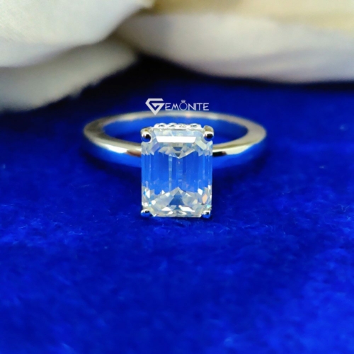 2.25 Ct (9x7 mm) Emerald Cut Colorless Moissanite Engagement Ring, Solitaire Ring with Hidden Halo