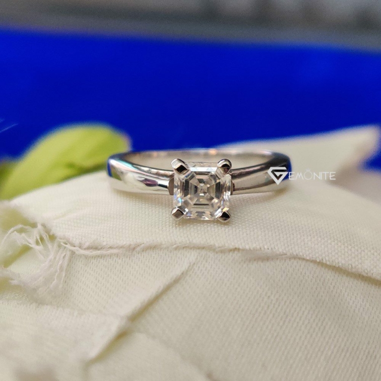 Classy Asscher Cut 1.0 Ct Solid Moissanite Solitaire Engagement Ring