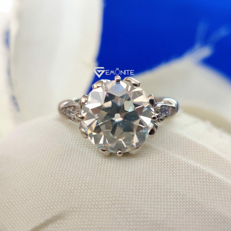 4.0 Ct (11 mm) Colorless Old Mine Round Cut Moissanite Engagement Ring, Vintage OMC Ring