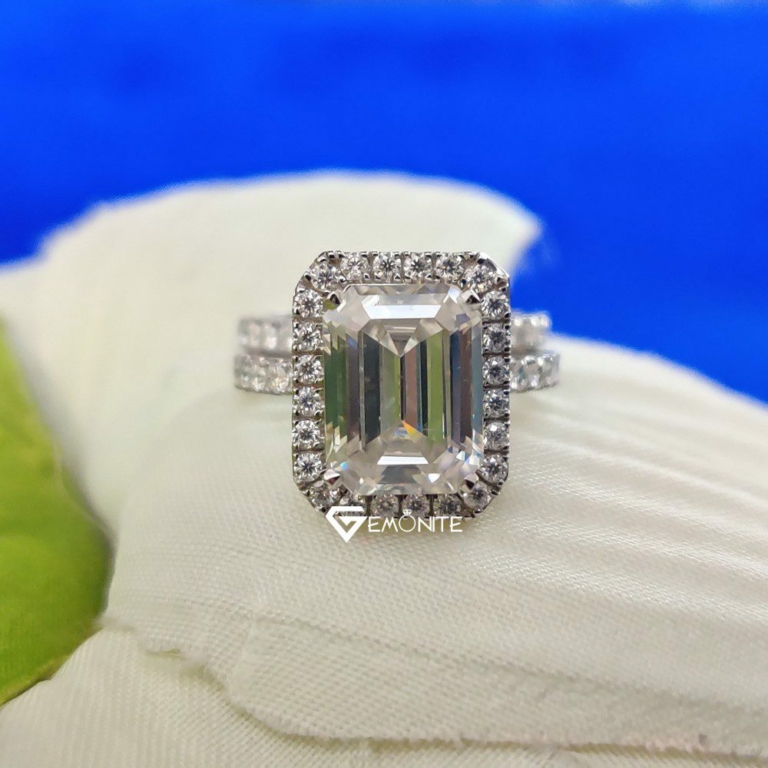 Designer Classy Emerald Cut Shape Halo Moissanite Bridal Set, Wedding Set, Perfect Fine Jewelry
