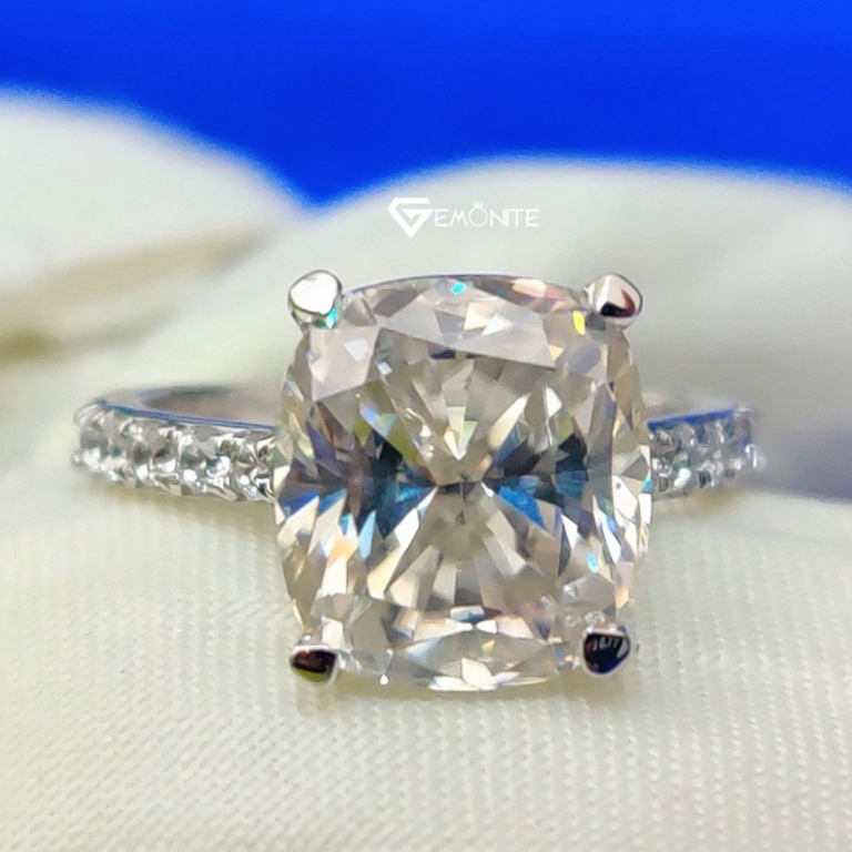 Elegant Solitaire Engagement Ring, 3.25 TCW Cushion Cut Moissanite Accent Stone Wedding Ring, Half Eternity Ring for Women
